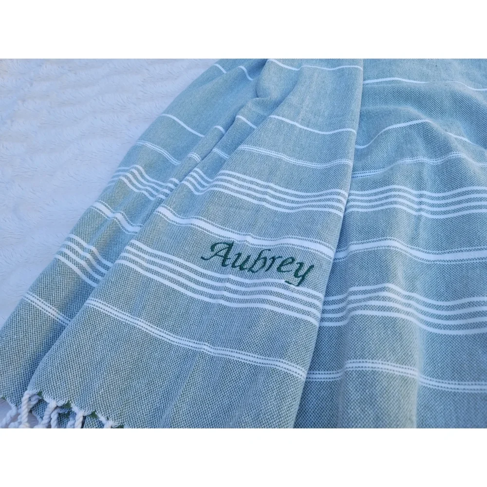 Aubrey personalized Turkish green striped Beach Towel blanket